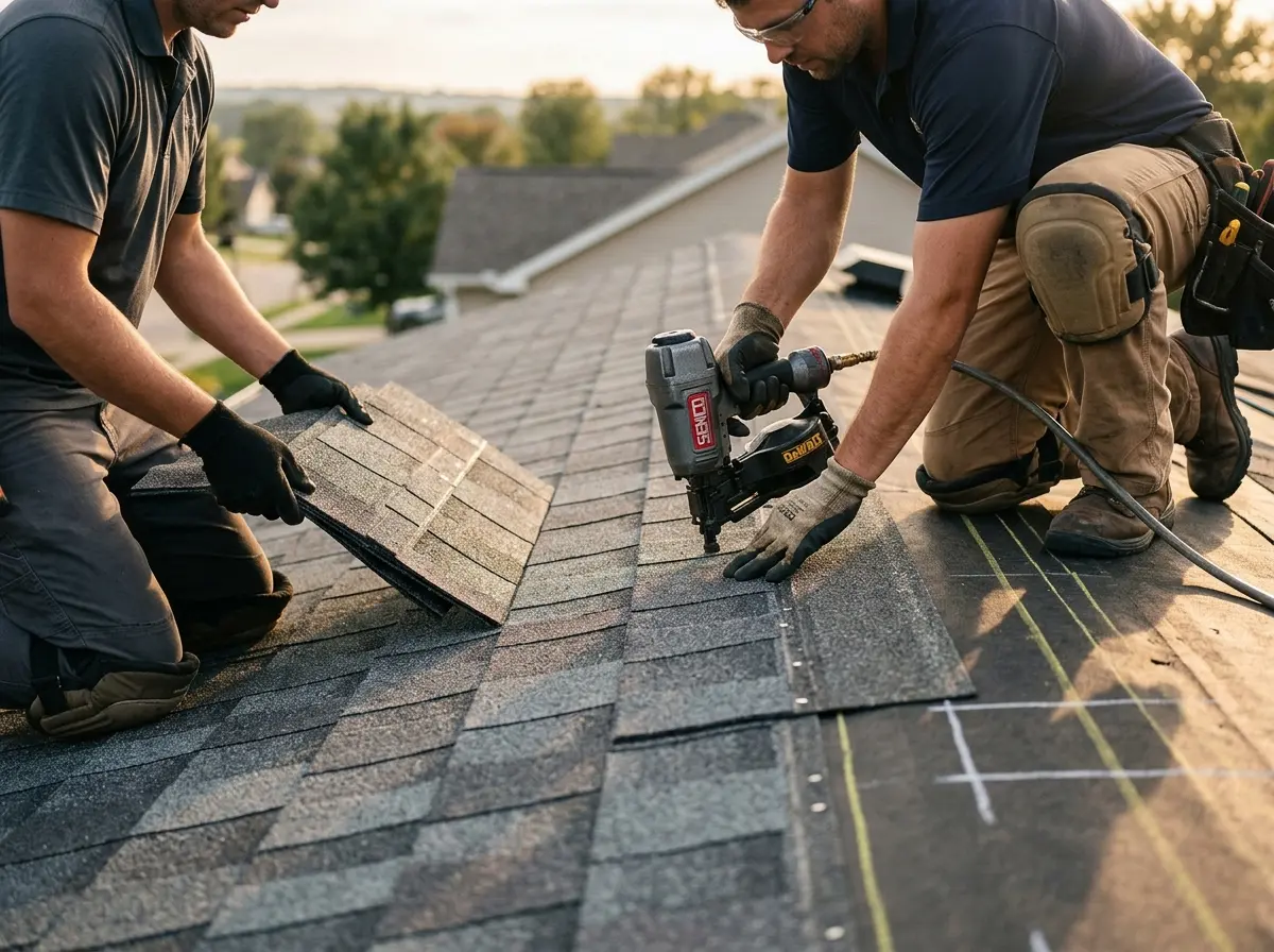Professional roofer working on a residential roof in Northlake